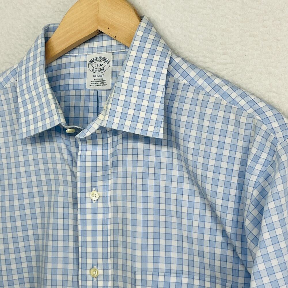 BROOKS BROTHERS Shirt Mens 16 32 REGENT Dress Non Iron Check Supima Cotton Blue